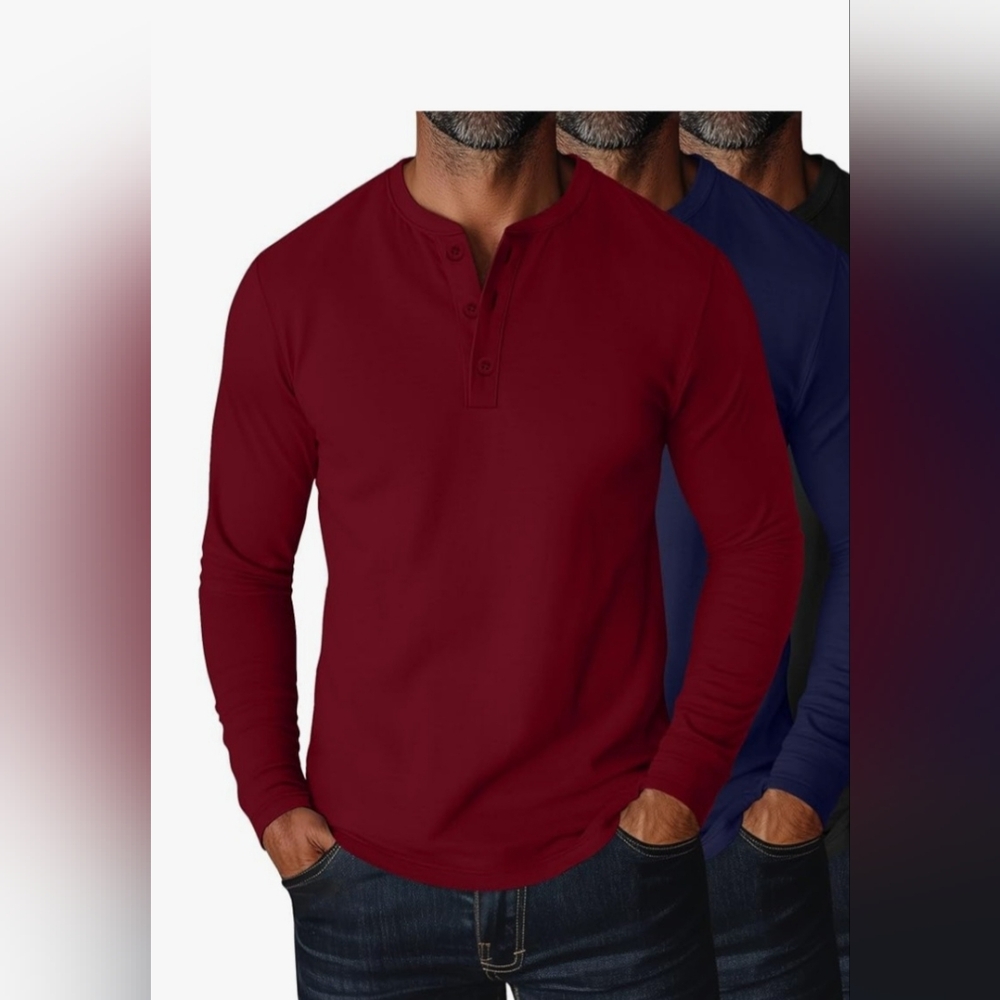 Men's Long Sleeve Henley Shirt - Burgundy. M-25